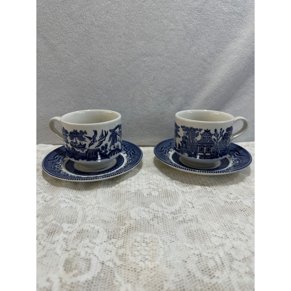 Blue Willow Teacup Saucer Set England Vintage Porcelain